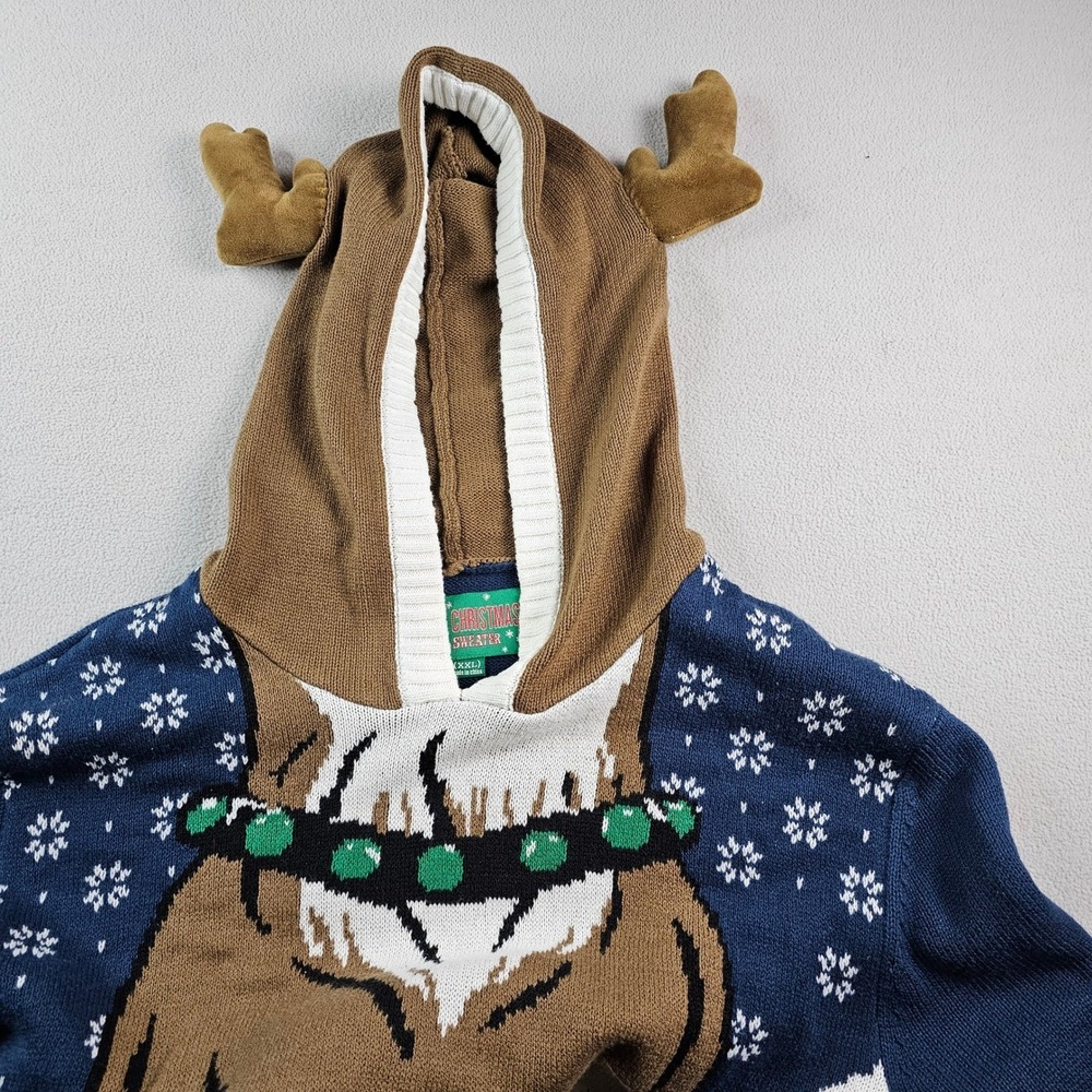 Ugly Christmas Sweater Hoodie Men's XXL Blue Brown Acrylic Knit Winter - Picture 9 of 11